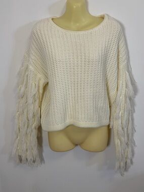 Swank A Posh Cream Fringe Sleeve Knit Sweater